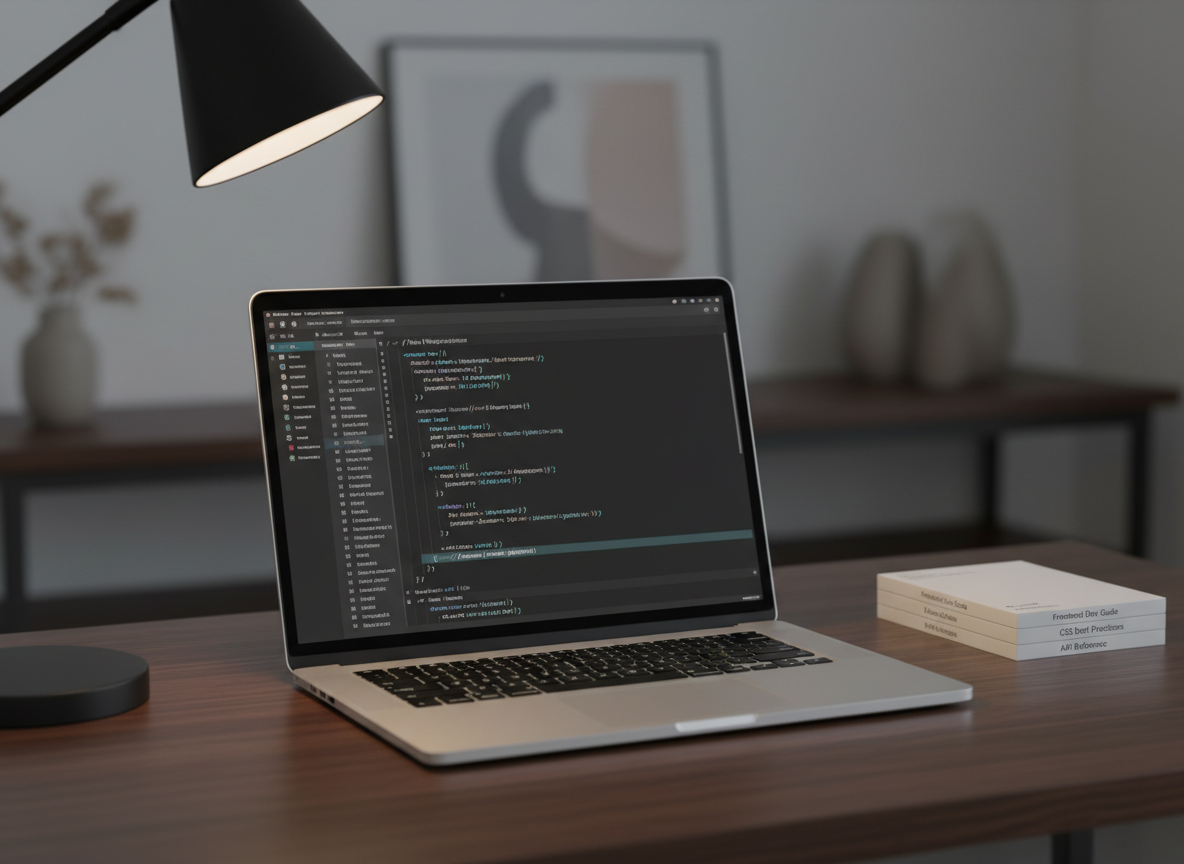 A modern code editor displayed on a high-resolution laptop screen, the interface featuring clean, well-commented HTML and CSS in a dark theme with syntax highlighting in cool blues, teals, and soft purples. The laptop rests on a dark walnut desk with cable management completely hidden, next to a small stack of neatly labeled technical documentation booklets. A single desk lamp with a matte black shade casts focused warm light on the keyboard and lower bezel, while the screen glows with crisp clarity against a softly blurred, minimal studio background. Photographic realism, shot from a slightly elevated angle with shallow depth of field, conveying maintainable development, craftsmanship, and professional calm.