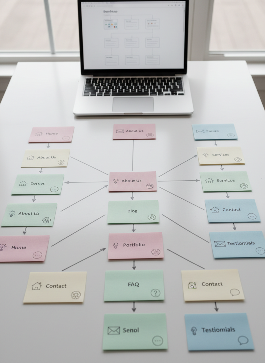 A close-up, overhead view of a large whiteboard tabletop covered with neatly arranged index cards and sticky notes in muted pastel tones, each printed with concise page titles and icons, forming a logical website navigation map. Thin, dark gray connector lines link groups into clear hierarchies, with a laptop open to a clean sitemap diagram at the top edge of the frame. Soft overcast window light spills across the surface, creating gentle paper texture and subtle shadows under each card. Photographic realism with sharp focus throughout, balanced composition using the rule of thirds, evoking a sense of thoughtful planning, structure, and turning complexity into an understandable system.