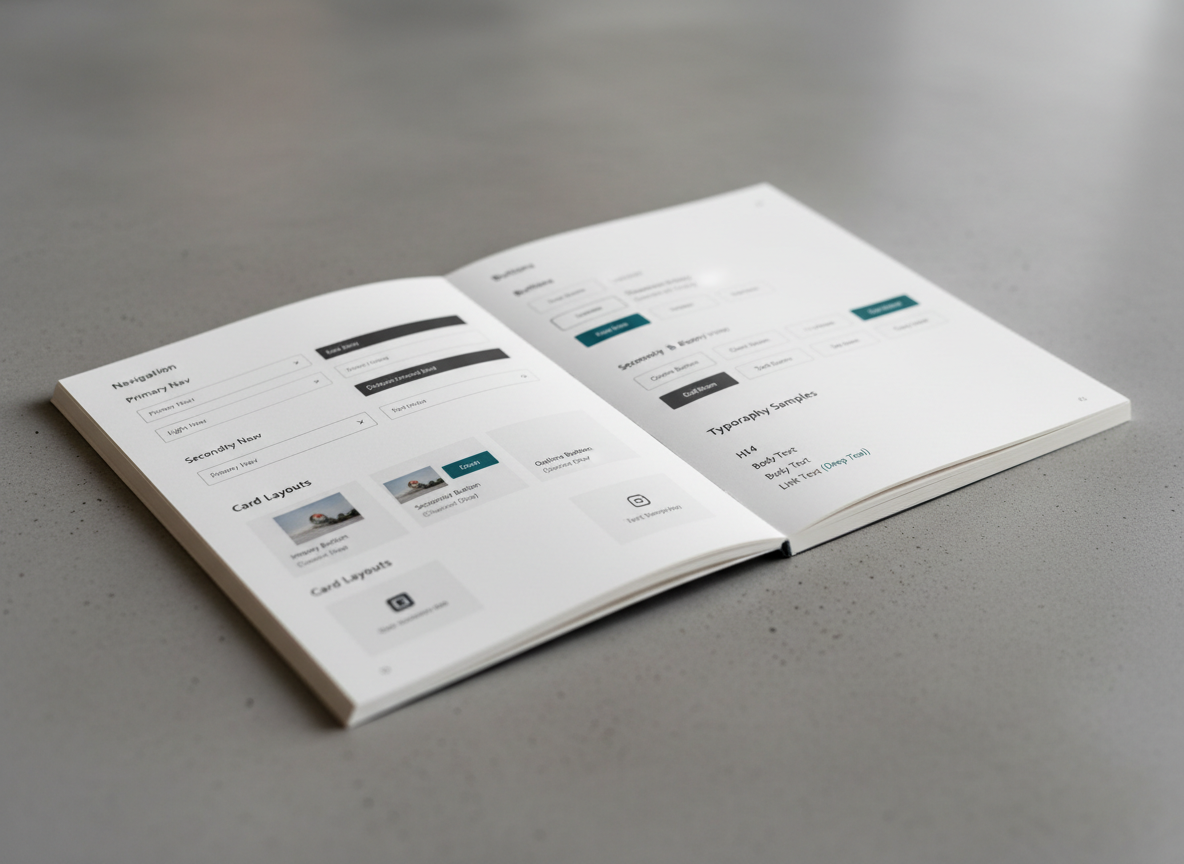 An open, landscape-format style guide booklet resting on a clean concrete surface, its pages displaying a structured component library: navigation bars, card layouts, buttons, and typography samples arranged in precise grids with annotations in plain, readable language. Neutral whites, charcoal grays, and a single accent color of deep teal keep the palette restrained and professional. Soft side lighting from an unseen window creates gentle shadows along the page creases and emphasizes the paper’s subtle matte texture. Photographic realism, captured from a slightly elevated three-quarter angle with moderate depth of field, background fading into soft blur. The mood is orderly and confident, communicating clarity, consistency, and reusable digital systems.