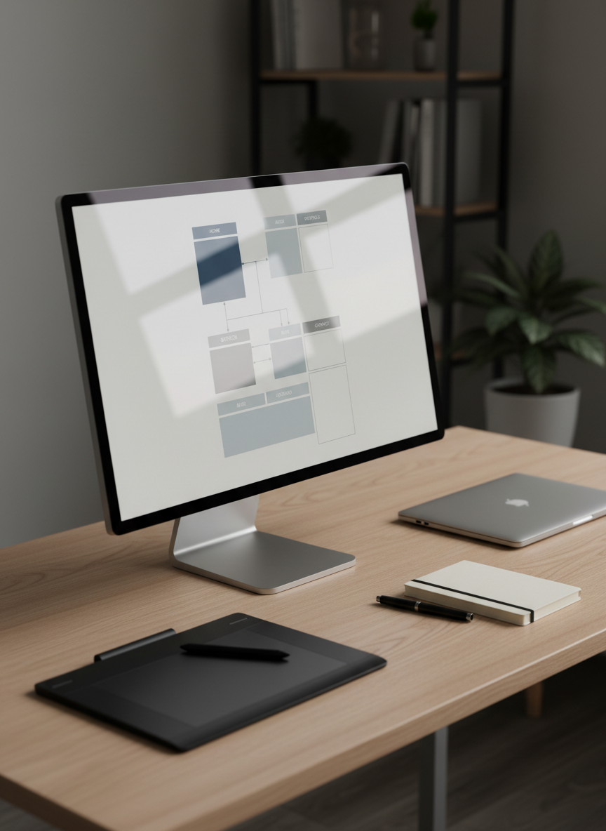 A meticulously organized digital workspace displayed on a sleek, thin-bezel 27-inch monitor atop a light oak desk. The screen shows a clean website sitemap and wireframe in neutral blues and soft grays, with tidy lines and clearly labeled sections, representing well-structured information architecture. Around the monitor, a graphite tablet, a closed silver laptop, and a minimal notebook are neatly aligned. Soft, diffused daylight enters from an unseen window, creating gentle reflections on the screen and subtle shadows along the desk edge. Photographic realism, shot at eye level with a slight three-quarter angle, medium depth of field so the screen is in crisp focus while the background fades into a soft blur, conveying clarity, calm, and professional precision.